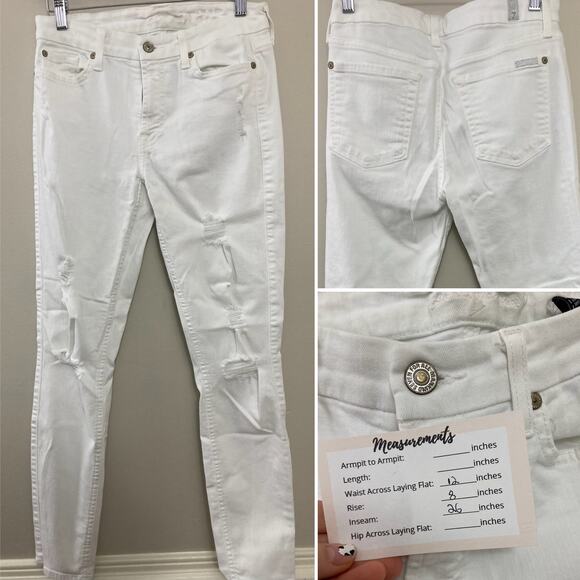7 For All Mankind Skinny‎ Ankle Mid Rise Distressed White Denim Size 27 - Picture 1 of 5